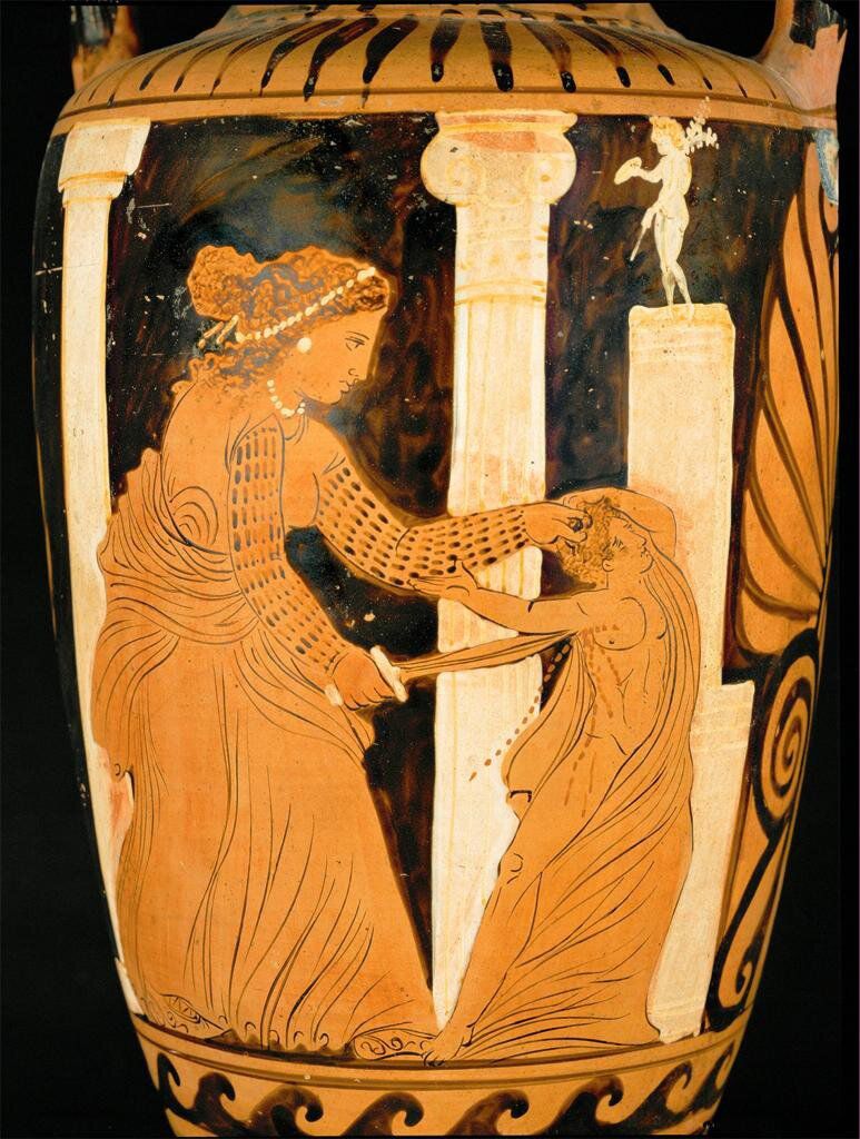 A vase by Ixion Painter showing Medea killing one of her sons, approx. 330 BC (Louvre, Paris).